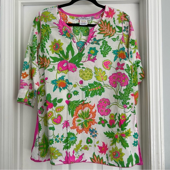 Gretchen Scott Split Neck Tunic Floral Multicolor Bright Beachy - Picture 1 of 5